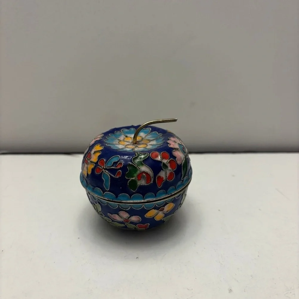 Vintage Chiness Apple Fruit Stem Shape with Flowers Metal Trinket Box